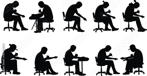 Tattoo Artist Working Silhouette Vector Set, People Sitting on Chairs Operating Tattoo Machines, Body Art and Modern Culture, Ink Professional, Black Graphic, Isolated on White