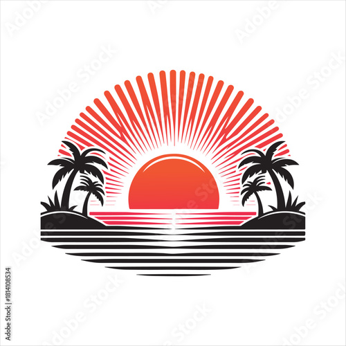 Retro sunset tropical vector silhouette clip art logo design concept illustration