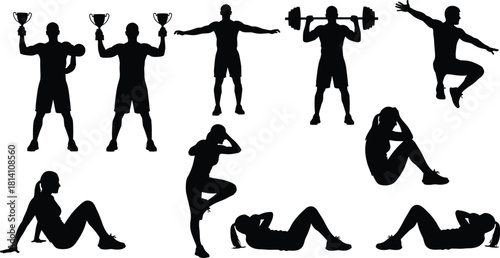 Fitness and workout vector silhouettes set, featuring diverse people exercising, lifting weights, doing sit-ups, and holding a winner's trophy, isolated on white background.