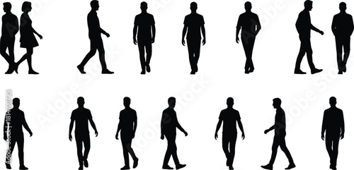 Walking People Silhouettes Set, Featuring Men and a Couple in Various Poses, Representing Pedestrians, Movement, Urban Activity, Direction, and Everyday Life Vector