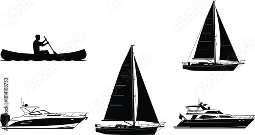 Watercraft Collection Silhouette with Canoe, Sailboats, and Powerboats, Representing Summer Adventure, Nautical Travel, Leisure Activities, and Marine Transportation Vector Illustration