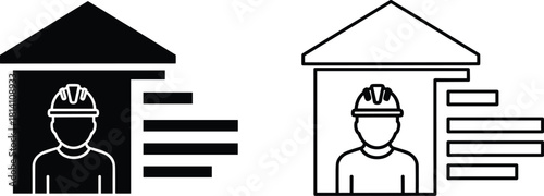 Worker icon inside a house or building with text information, solid fill and outline versions, construction employee profile or home repair service vector illustration.