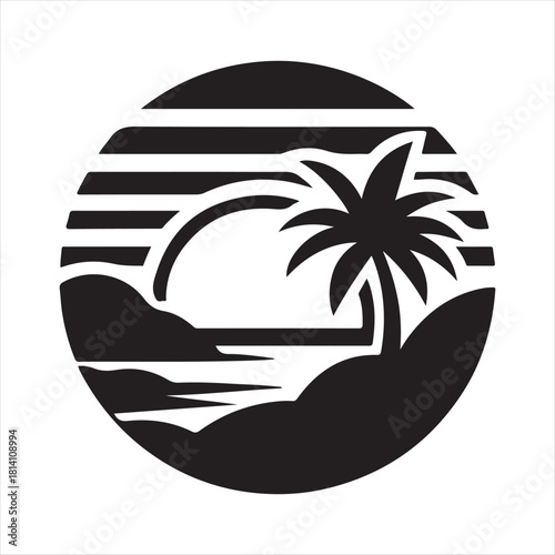 Retro sunset tropical vector silhouette clip art logo design concept illustration