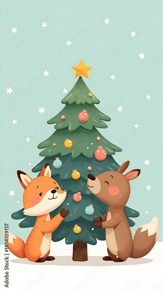 Fototapeta premium Cute Cartoon Forest Animals Decorating Christmas Tree