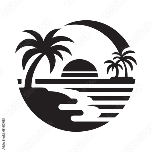 Retro sunset tropical vector silhouette clip art logo design concept illustration