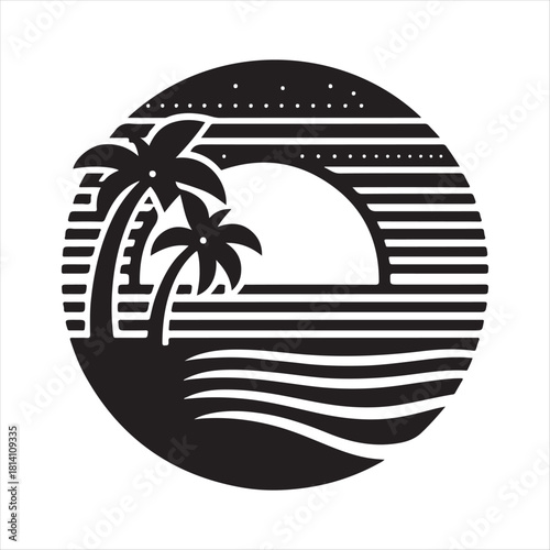 Retro sunset tropical vector silhouette clip art logo design concept illustration