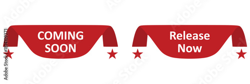 Coming soon banner. Red ribbon style isolated on transparent