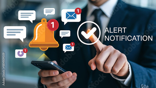 Businessman interacts with digital notifications and alerts on his smart mobile phone screen