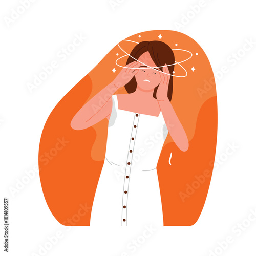 A woman in an elegant dress shows various emotions through expressive gestures against a vibrant orange backdrop