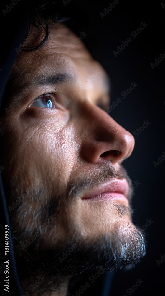 Obraz premium Close-up portrait of a mature man with a beard wearing a hood. He is looking up with a thoughtful expression on his face
