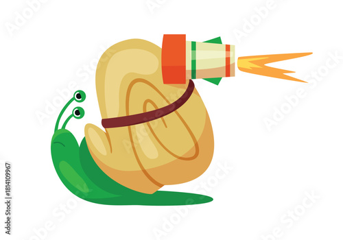 A whimsical and colorful snail character, uniquely designed, equipped with a rocket launcher for fun adventures