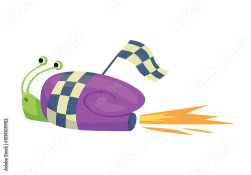 A wonderfully cute purple racing snail equipped with a checkered flag and rocket propulsion, all set to race