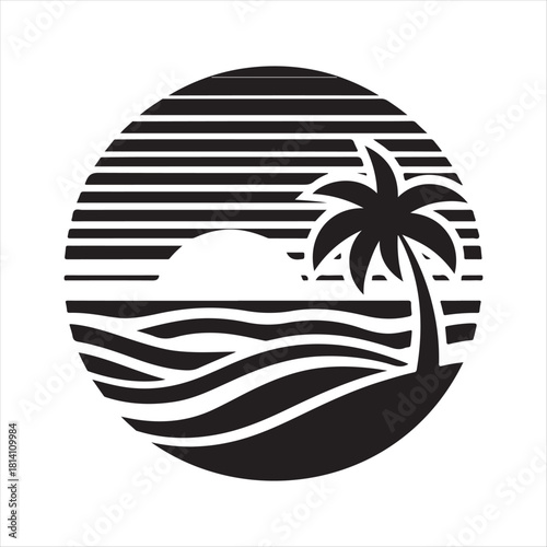 Retro sunset tropical vector silhouette clip art logo design concept illustration