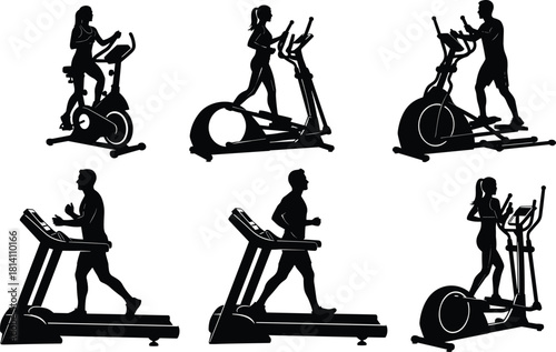 Gym workout vector silhouettes set, featuring people exercising on elliptical trainers, stationary bikes, and running on treadmills, promoting fitness and cardio training, isolated white.