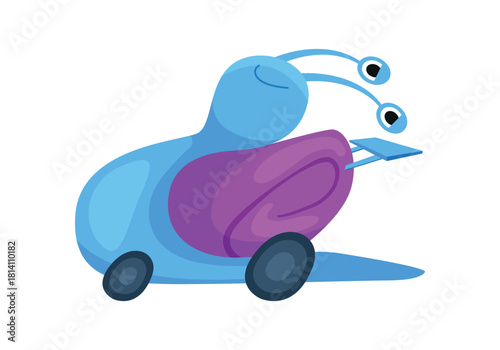 A vibrant and fun cartoon snail that features wheels, making it perfect for childrens media or educational content