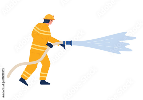 A brave firefighter, dressed in vibrant yellow gear, is actively combating fierce flames with a powerful water hose