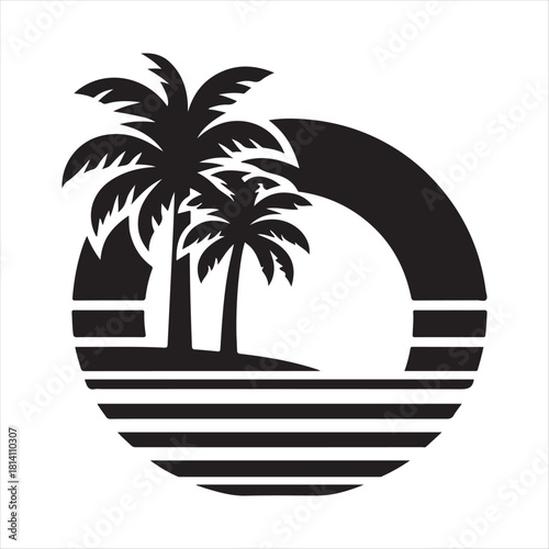 Retro sunset tropical vector silhouette clip art logo design concept illustration