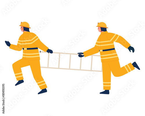 Dynamic illustration of two firefighters carrying a ladder, showcasing teamwork and emergency response.
