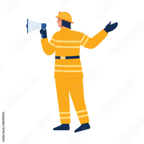 A skilled firefighter in yellow gear guides others with a megaphone, emphasizing important safety protocols