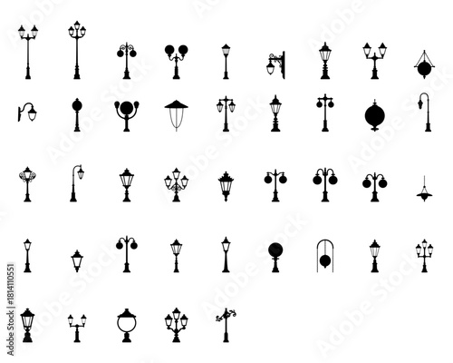 Street Light and Lantern Icons Set, Modern Vintage Ornate Lamp Post Silhouette Collection For Cityscape Design. vector illustration