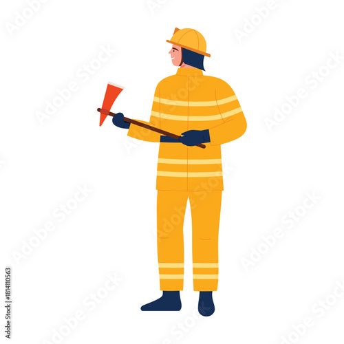 A brave firefighter donned in yellow protective gear stands ready to act, equipped with essential firefighting tools