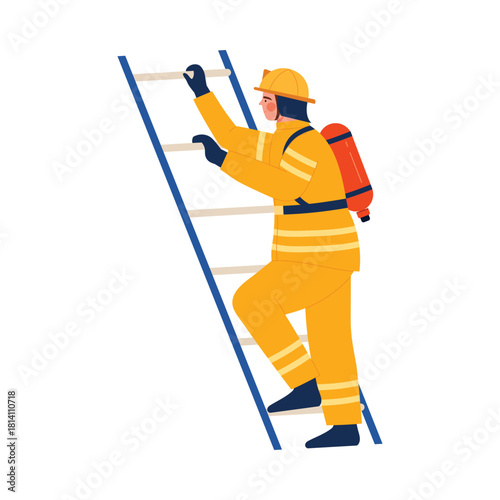 An illustration shows a brave firefighter in yellow gear climbing a tall ladder for critical emergency response
