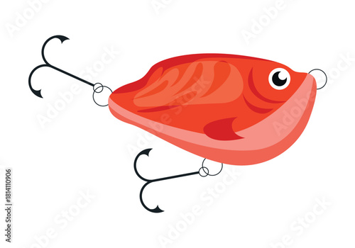 An illustration showcases a bright and vibrant red fish lure complete with hooks, perfect for all fishing graphics