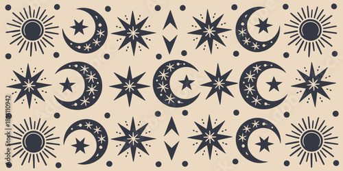 Celestial Pattern with Moons, Stars, and Suns in Muted Blue and Grey Tones – Seamless Vector Illustration