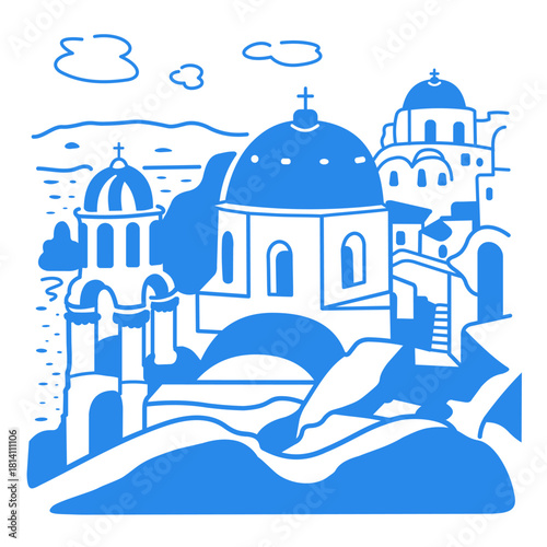 Santorini island, Greece. Beautiful traditional white architecture and Greek Orthodox churches with blue domes over the Aegean caldera. Blue color.