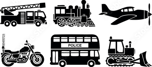Transport vehicles fire truck steam train airplane motorcycle police bus bulldozer silhouette vector illustration