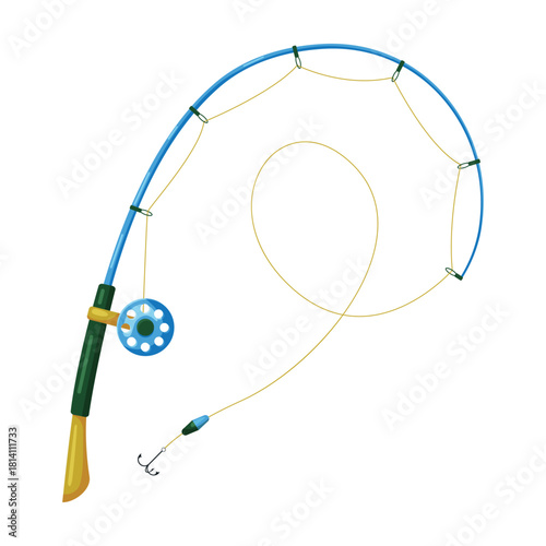 A vibrant fishing rod fully equipped with a reel and fishing line, ready for exciting fishing adventures