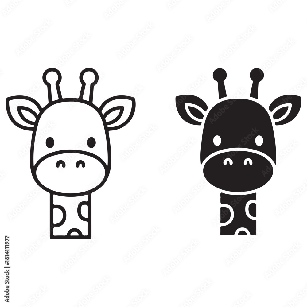 Fototapeta premium Cute Cartoon Giraffe Head Illustration in Outline and Solid Icon Styles