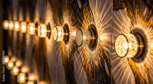 Elegant linear lighting arrangement illuminating a decorative wall with captivating golden rays and artistic shadows, enhancing the modern decor