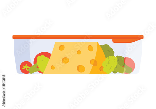 This is a vibrant and colorful food container that showcases both cheese and fresh vegetables prepared for a meal