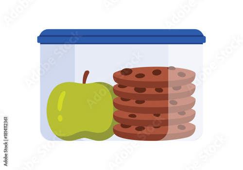 A vibrant, cheerful container brimming with mouthwatering chocolate chip cookies alongside a fresh, crisp green apple