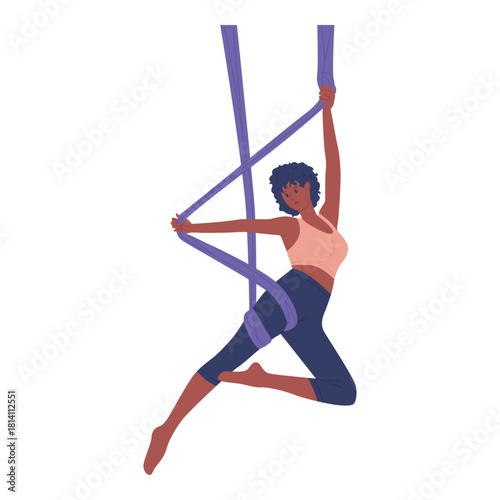 An aerial yoga practitioner showcases amazing flexibility and strength in a vibrant, energetic atmosphere