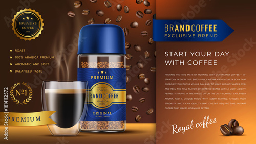 Coffee product ad. 3D fresh roasted bean background. Instant beverage jar. Hot morning drink promotion. Espresso cup. Best brand shop. Aroma mug. Vector modern cafe marketing banner design template