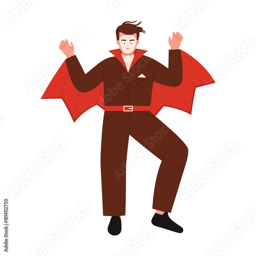 A cheerful and vibrant cartoon character dressed in a brown outfit and a striking red cape strikes a playful pose