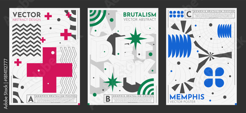 3D poster form. Brutal template design. Geometric element, typography. Memphis shape. Line graphic, dot, cube and cross shape. Abstract minimal banner. Silhouette and lines. Vector retro garish space