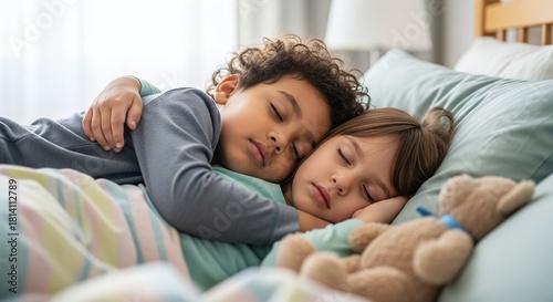 Adorable young siblings peacefully cuddling in bed, enjoying a calm, restful sleep together with their beloved teddy bear
