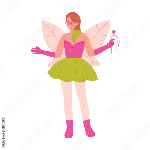 A whimsical fairy adorned in bright pink and green attire, fully embodying magic, charm, and enchantment