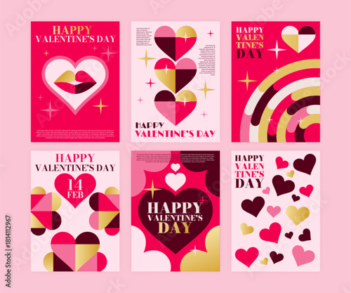 Minimal gold heart. Valentine card. Love pink pattern. Romantic geometric banner typography. Luxury decoration. Elements for wedding. Flyer and greetings. Vector design celebration garish poster set