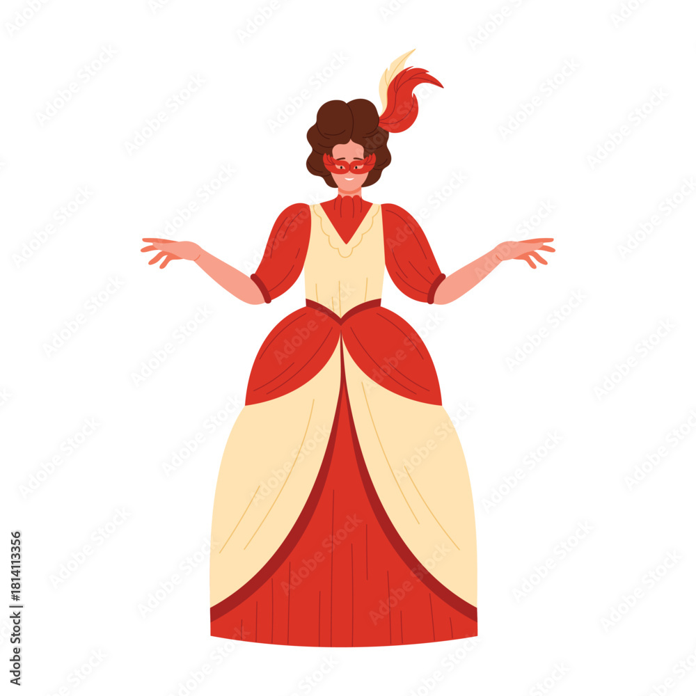 Fototapeta premium A fashionable and stylish woman is wearing a stunning red and cream vintage gown, radiating elegance and charm