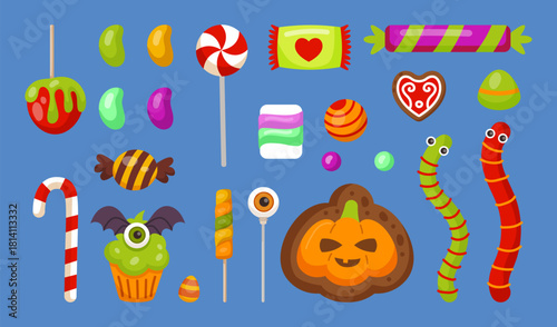 Candy spooky. Caramel dessert. Halloween elements. Autumn party sweets. Pretty celebration. Trick or treat. Pumpkin cake. Lollipop and jelly worm. Festive food set. Vector cute color tidy illustration