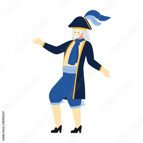 A stylish historical figure dressed in alluring blue attire, beautifully showcasing elegance and vibrant flair