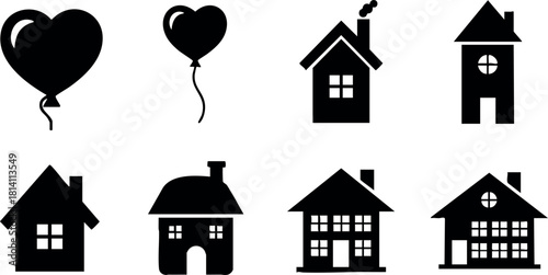 Black house icons and heart balloons vector illustration simple design flat style