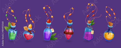 Magic vial necklace. Decorative potion. Cartoon object for game ui design. Colorful liquid substances. Witch play props. Spell in glass. Element Valentine days love. Vector tidy isolated illustration