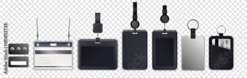 ID card. Badge with lanyard cord. Employee identification. Visitor identity template. VIP membership. Guest photo holder with strap clip. Corporate staff accreditation label. Vector 3D objects set