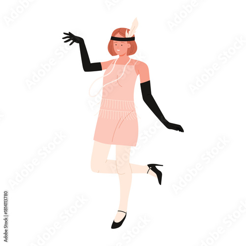 A captivating flapper girl gracefully dances in her stunning vintage attire, showcasing the glamour of the 1920s era