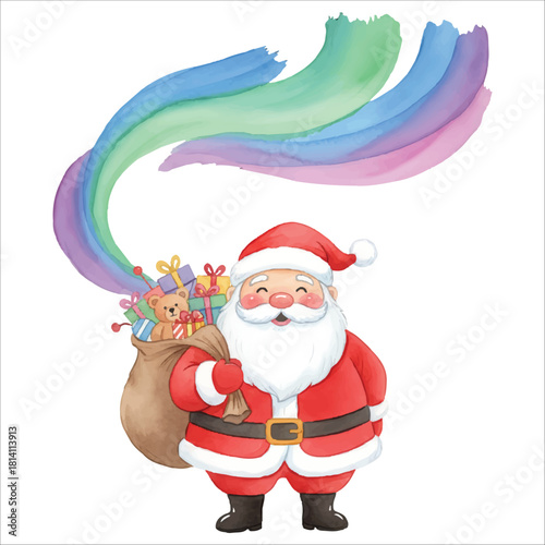 Santa Claus walking under a flowing aurora sky in a dreamy winter Christmas scene, watercolor illustration isolated on white background
